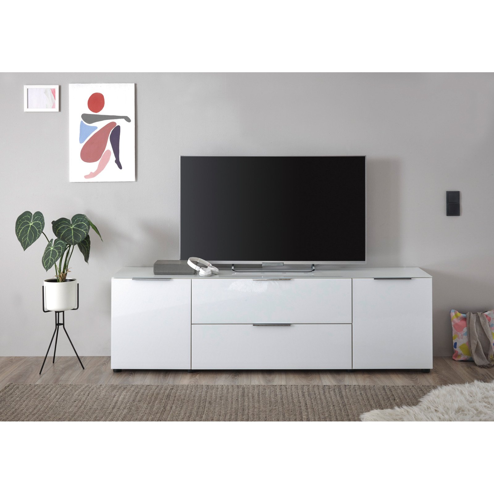 TV-Möbel Santo, Spanplatte Glas weiss, 180,5 x 54,5 x 40 cm