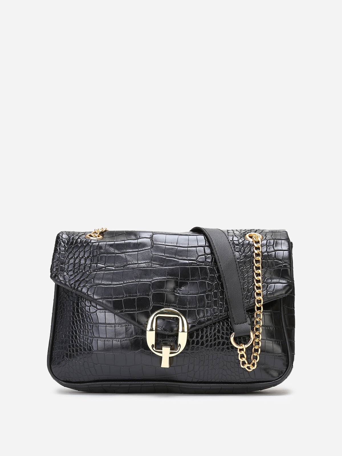 Sac à main effet croco à double anses- Noir
