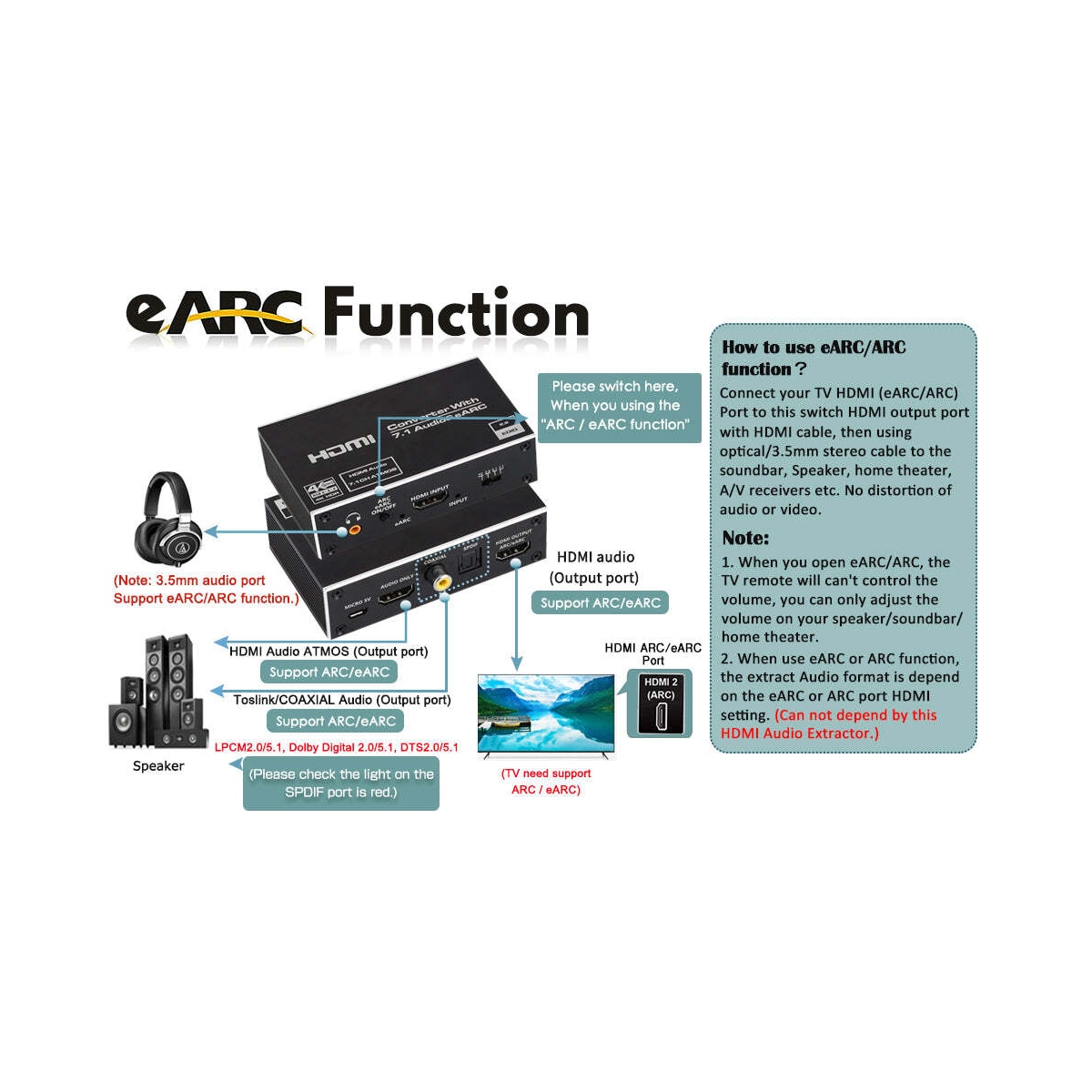 NÖRDIC HDMI Extractor 4K60Hz HDMI til HDMI + Optisk Toslink + Koaksial + 3,5 mm lyd + 7,1 CH HDMI-støtte for eARC / ARC HDR Dolby ATMOS