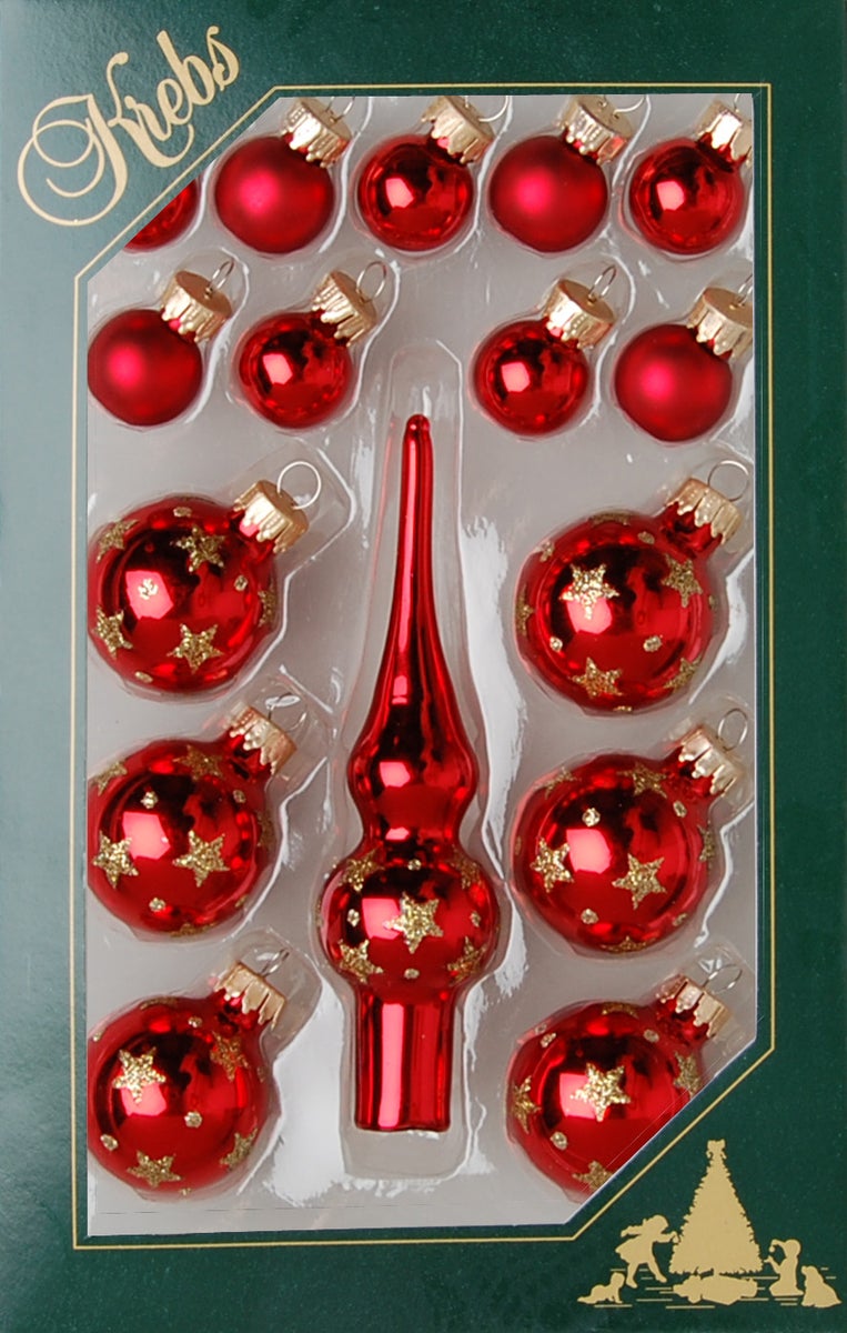 Rode mini glazen decoratieset, 2cm en 3cm ballen, 12cm spike, met de hand versierd, 16 stuks, kerstballen, kerstversieringen, kersthangers