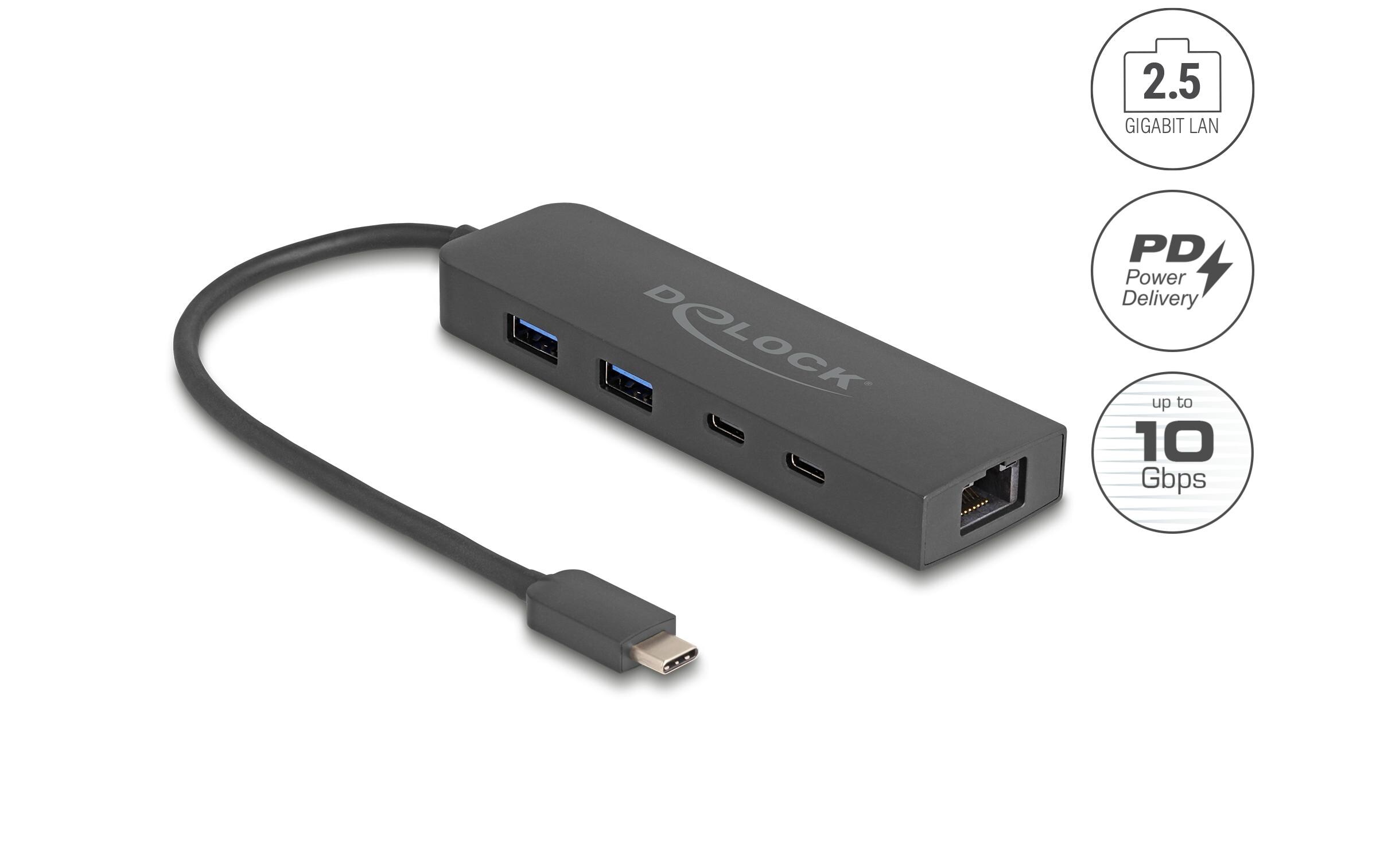 USB-Hub USB A/USB C mit 2.5 Gigabit LANDelock 10 Gbps USB Hub mit 2.5 Gigabit LAN Port und PD 85 W