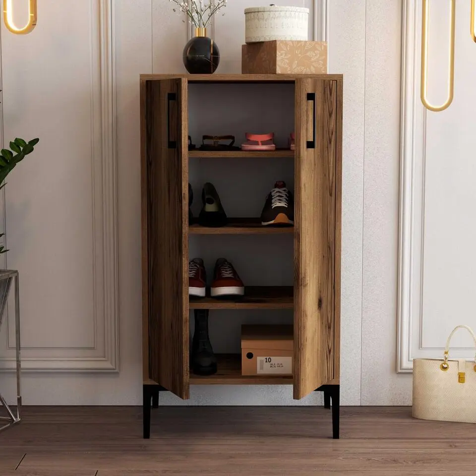 Emob Houten Schoenenkast - 18mm - Metalen Poot - Walnoot