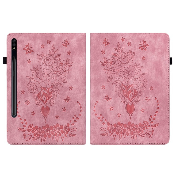 Samsung Galaxy Tab S10 Lite / S10 FE / Tab S9 FE / S9 Leder Tasche Flip Cover Rosen & Schmetterling Imprint   S-Pen Halterung - Rosa