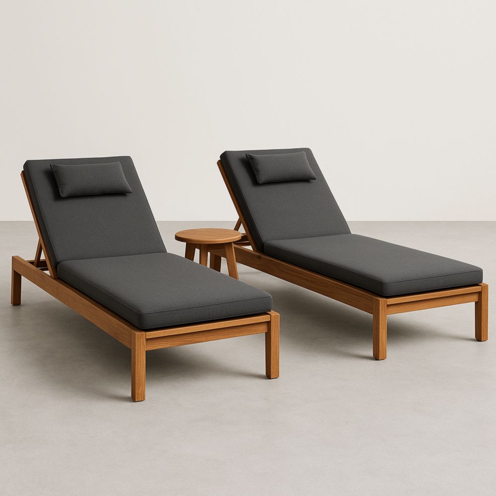 Gartenliegenset 2er Set mit Tisch Akazienholz Dunkelgrau Auflagen Verstellbar