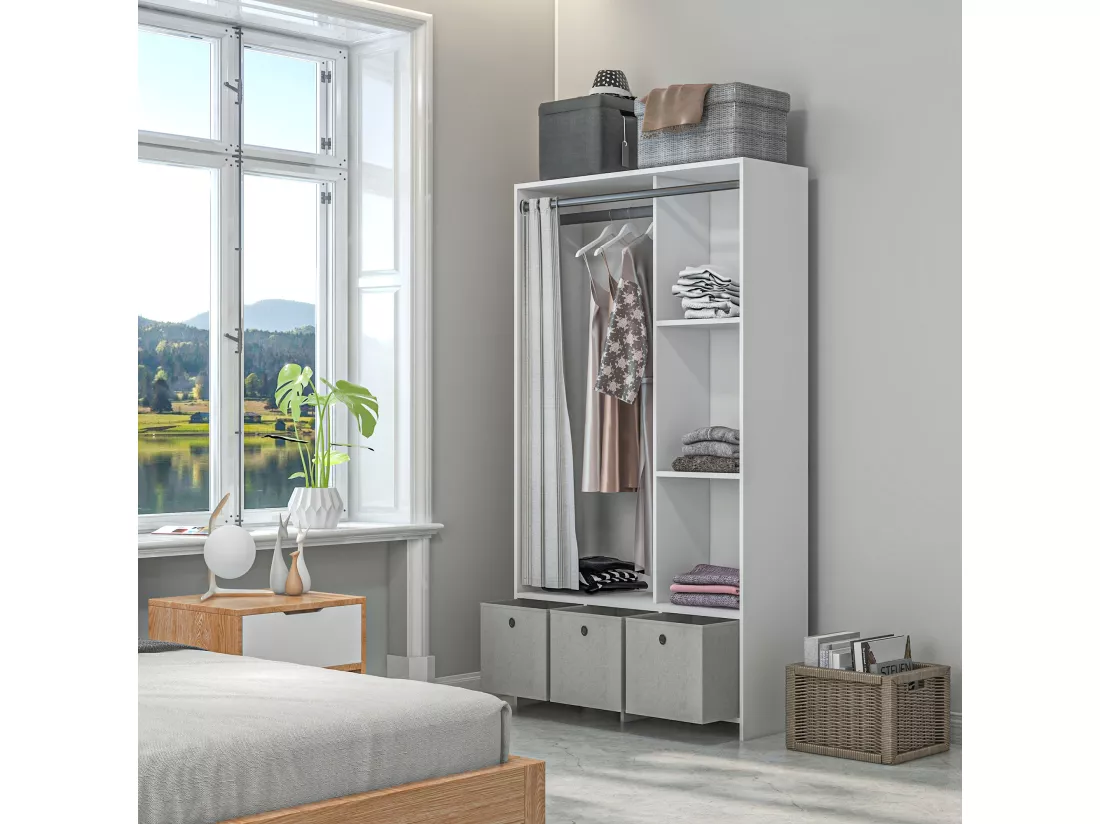 Vestiaire d'entrée - barre de penderie, 3 niches, 3 tiroirs tissu, rideau - panneaux blanc polyester lin gris clair
