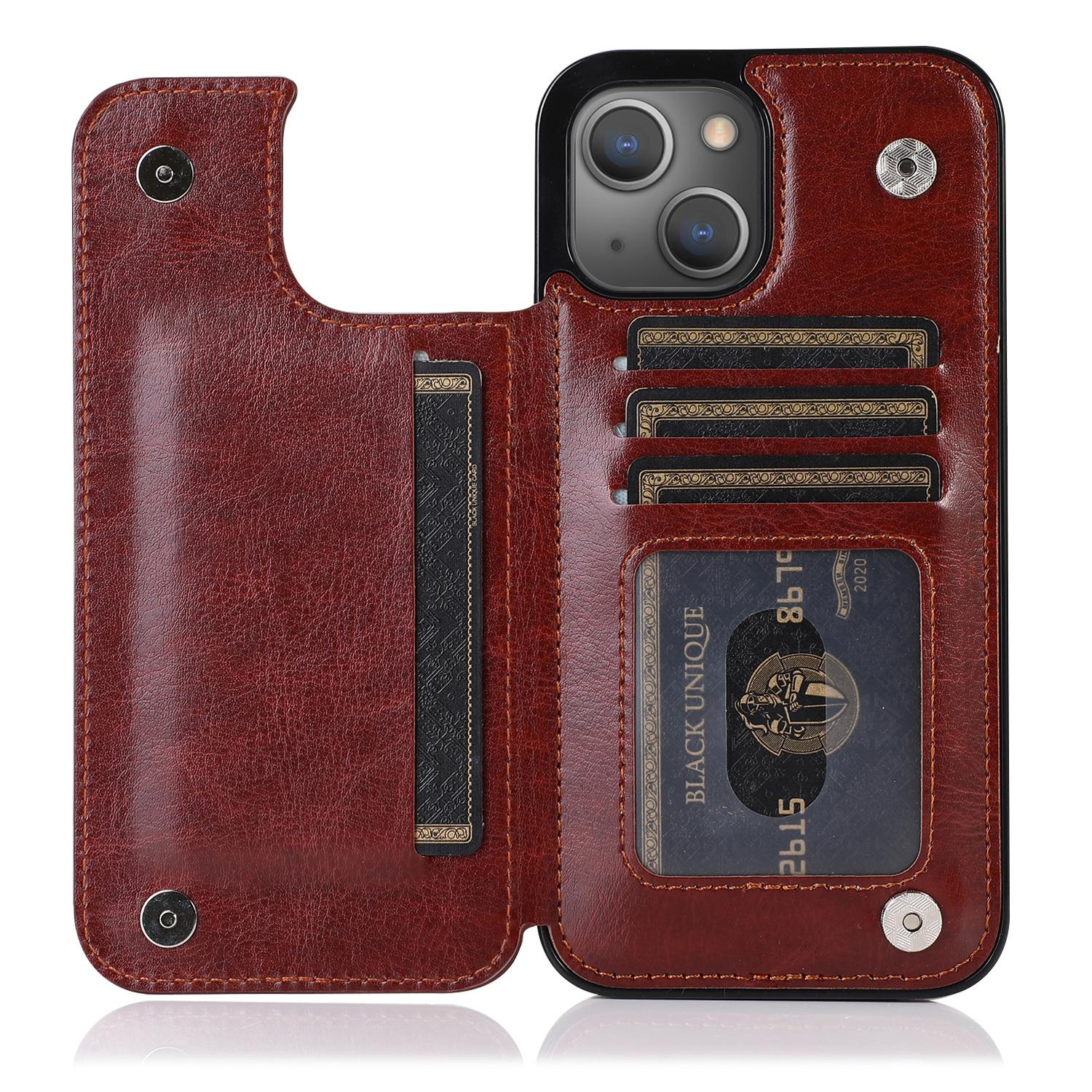 iPhone 14 Hybrid Leder Hülle mit Kartenfach   Kickstand Aufsteller - Braun
