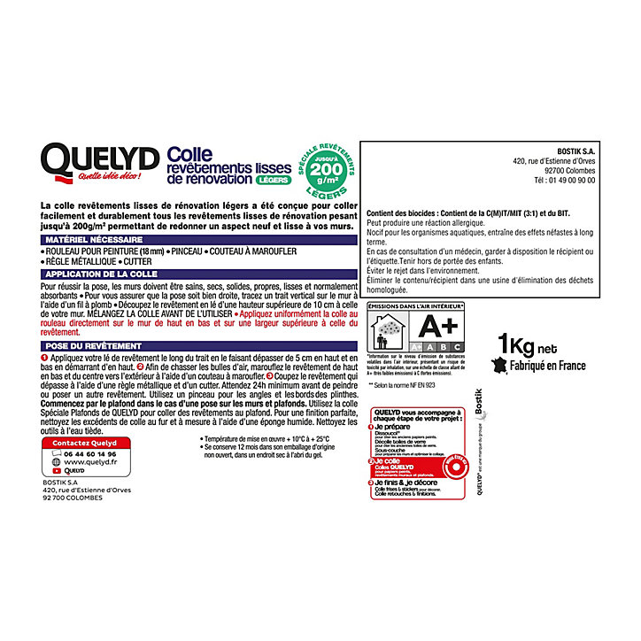 Colle pour revêtements lisses de rénovations légers (jusqu'à 200g/m²) Quelyd pâte 1kg
