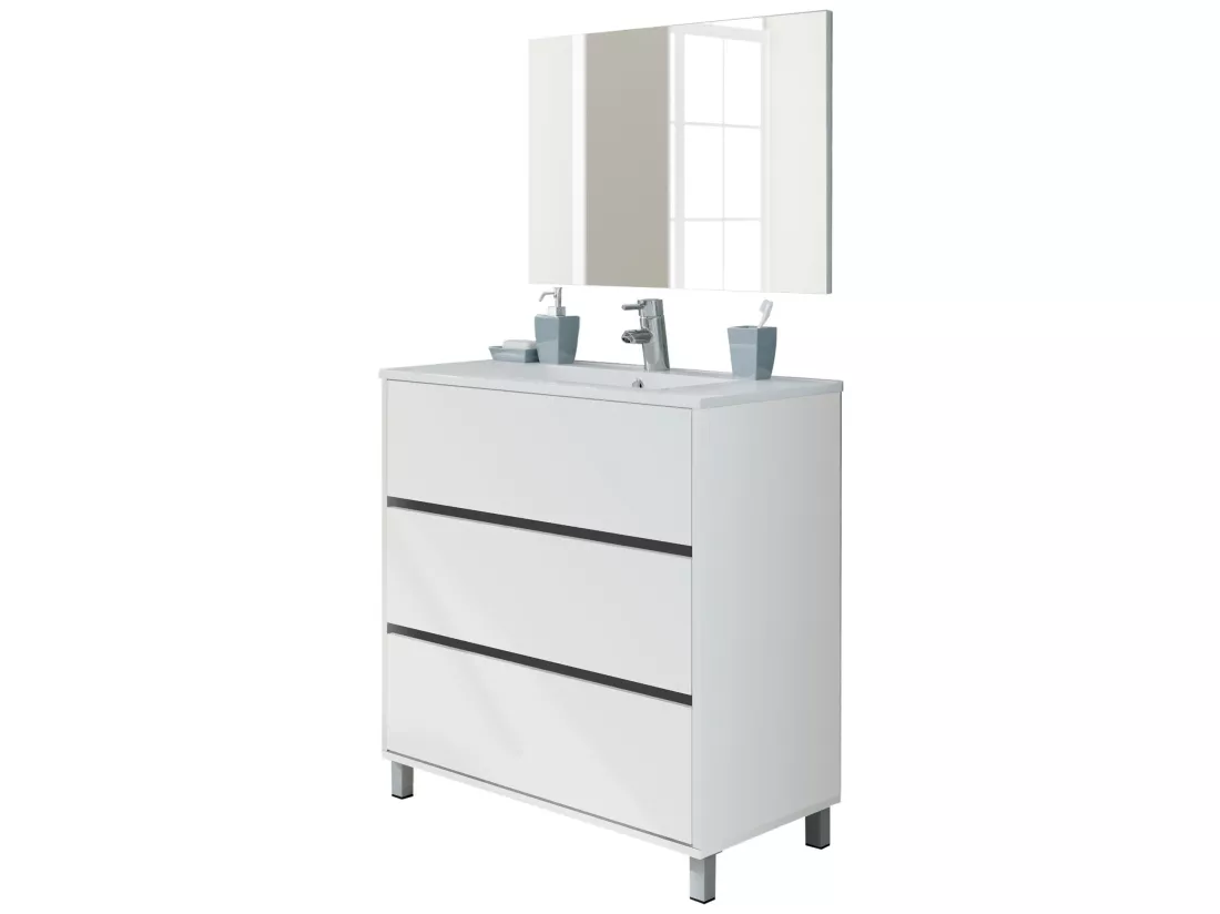 Meuble de salle de bain avec 3 portes coloris blanc - Hauteur 88 x Longueur 81 x Profondeur 47 cm