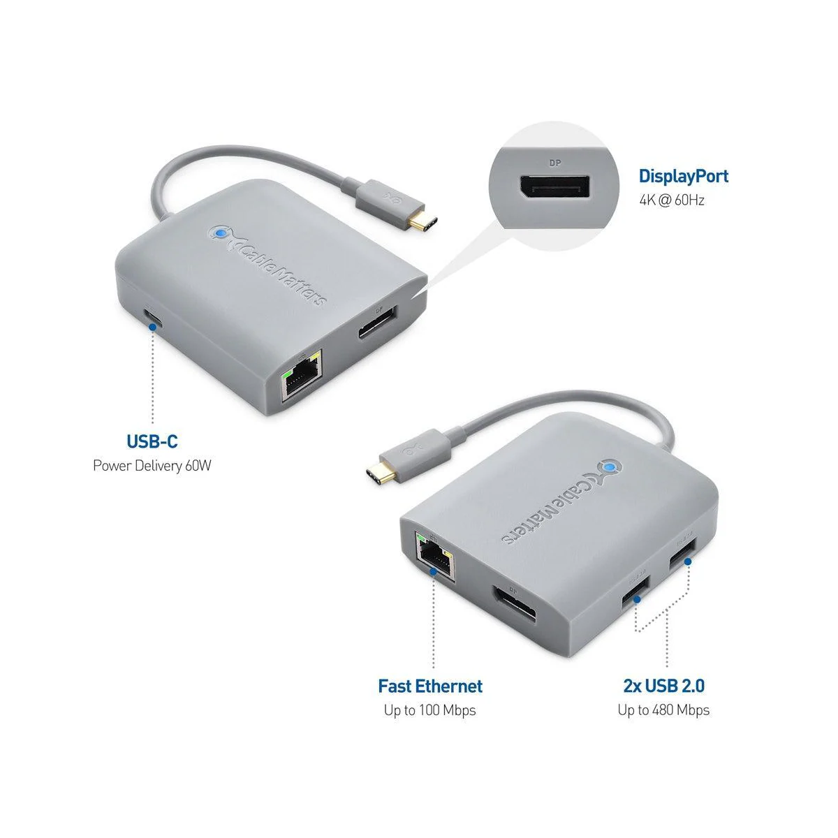 Cable Matters 1 til 5 dokkingstasjon 1xDP 4K60Hz, 1xRJ45 Ethernet 2xUSB-A 1xUSB-C PD 60W Fungerer med Chromebook-sertifisert