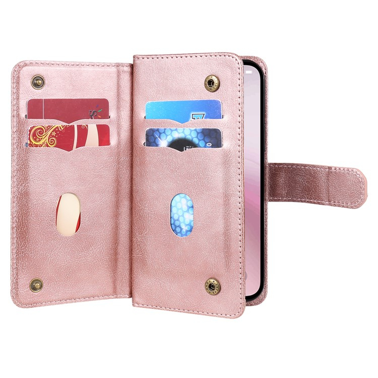 iPhone 16e Leder Tasche Flip Cover Kartenfächer mit Druckknopfverschluss - Roségold