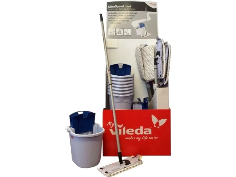 Moppesæt UltraSpeed Mini Display med Moppe 34cm/Fremfører/Skaft/Spand/Presse,8 sæt/krt