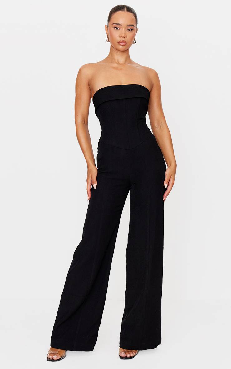 Noir Combinaison-pantalon Jambe Droite À Corset Bandeau Tissé Premium
