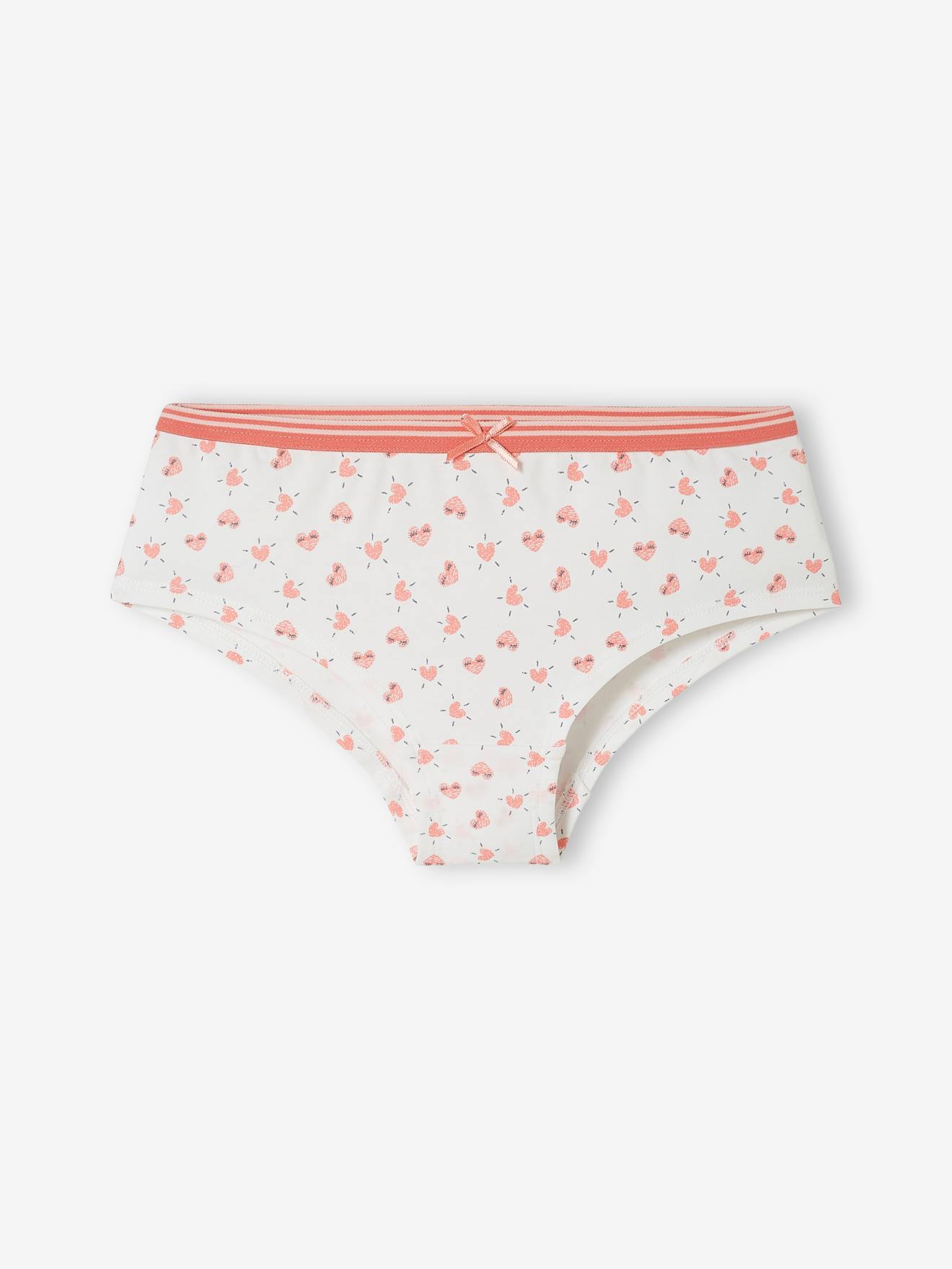 Pacote com 5 calcinhas curtas com estampa de corações, rosa claro, para meninas.