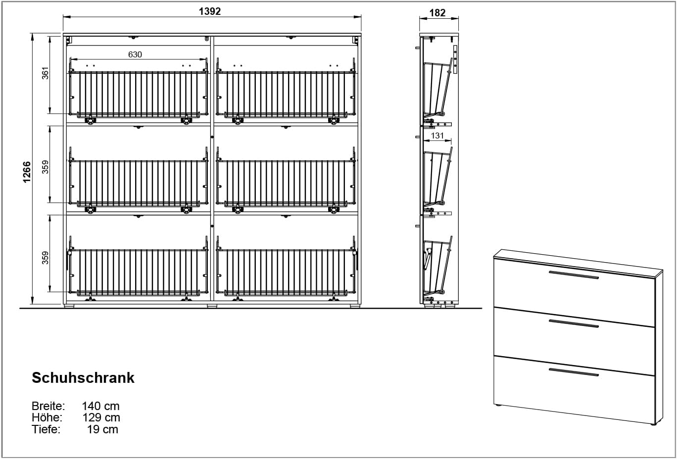 Germania Schuhschrank 2578-84 GW-Utah, in Weiß, mit Platz für 18 Paar Schuhe, geringe Tiefe, ideal für schmale Flure, 140 x 129 x 19 cm (BxHxT)