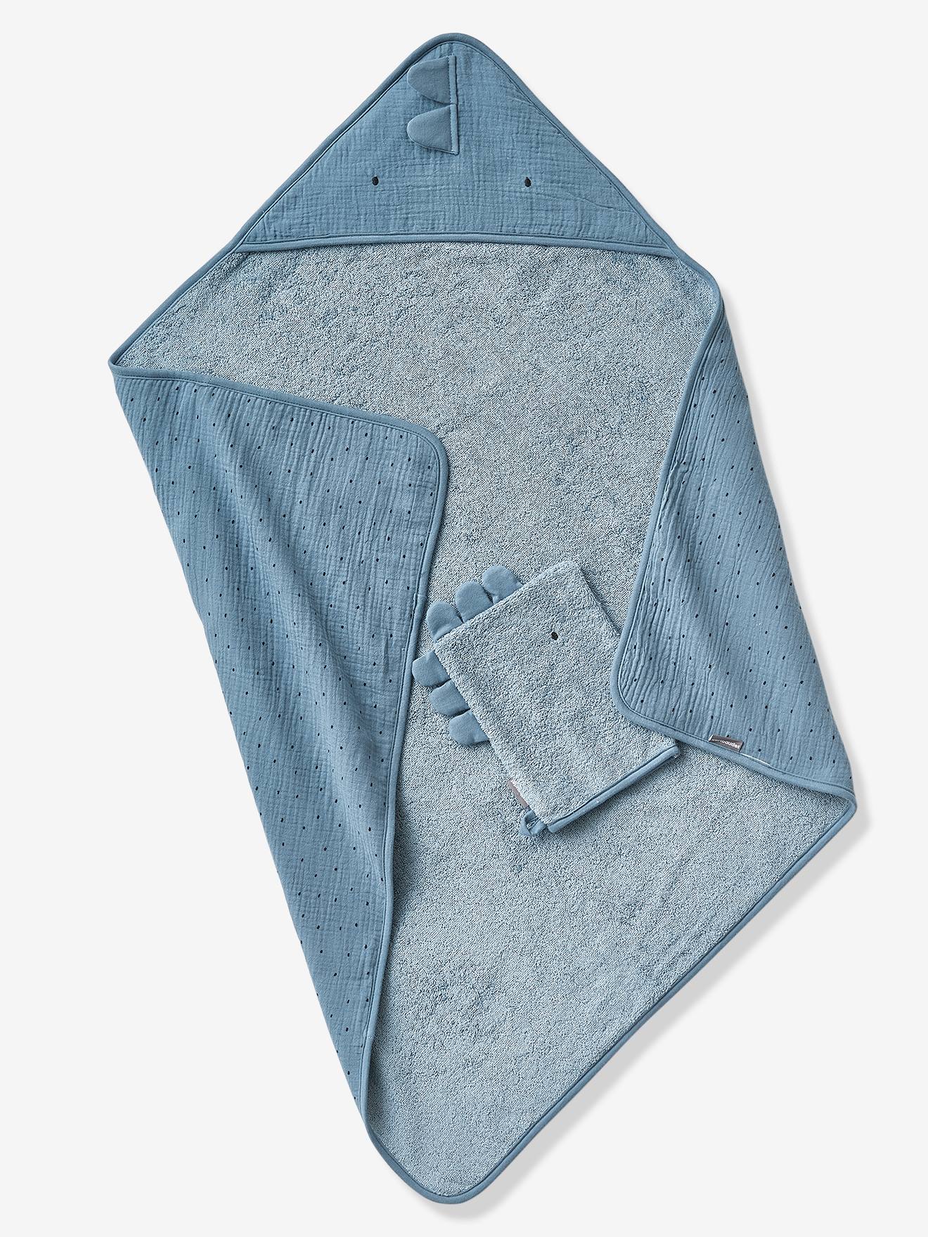 Capa de banho de gaze de algodão para bebê + luva de banho. Tamanho pequeno, liso, azul médio, com estampa de dinossauro.