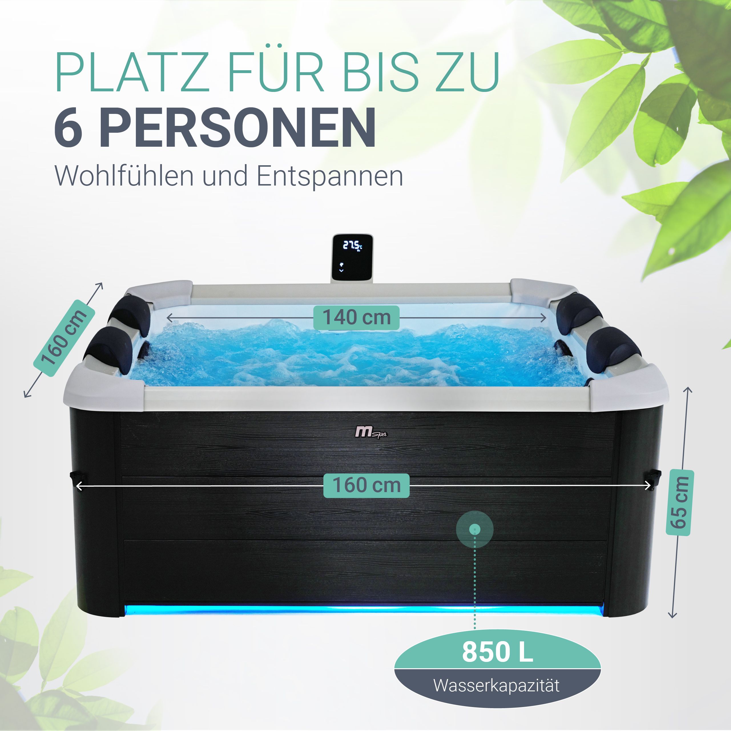 Whirlpool Oslo für 6 Personen - Indoor & Outdoor Pool mit LED, Zubehör & App - Hot Tub Grau