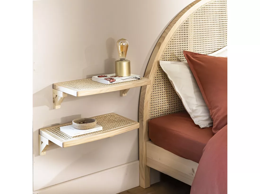 Lit adulte en pin massif avec véritable cannage 160x200 + set de 2 planches de chevet cannage