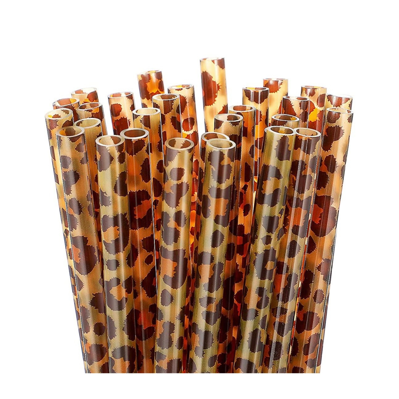 (52-tlg. Set) 225mm Kunststoff Strohhalm Wiederverwendbarer Trinkhalm inkl. Reinigungsbürsten - Leopard