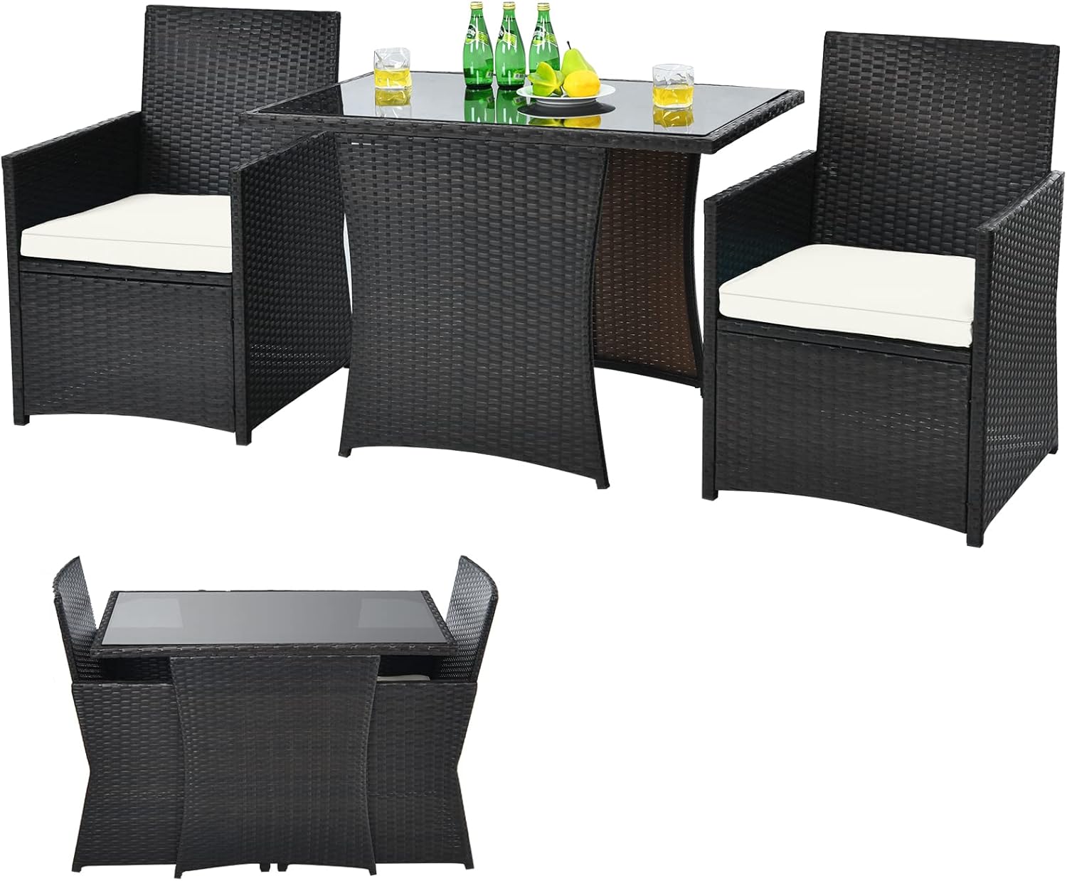 COSTWAY 3tlg. Polyrattan Gartenmöbel Set, 2 Sessel und 1 Beistelltisch mit Glasplatte, Rattanmöbel Platzsparend, Gartenlounge Gartengarnitur Sitzgruppe, Sitzgarnitur Gartenset inkl. Sitzkissen