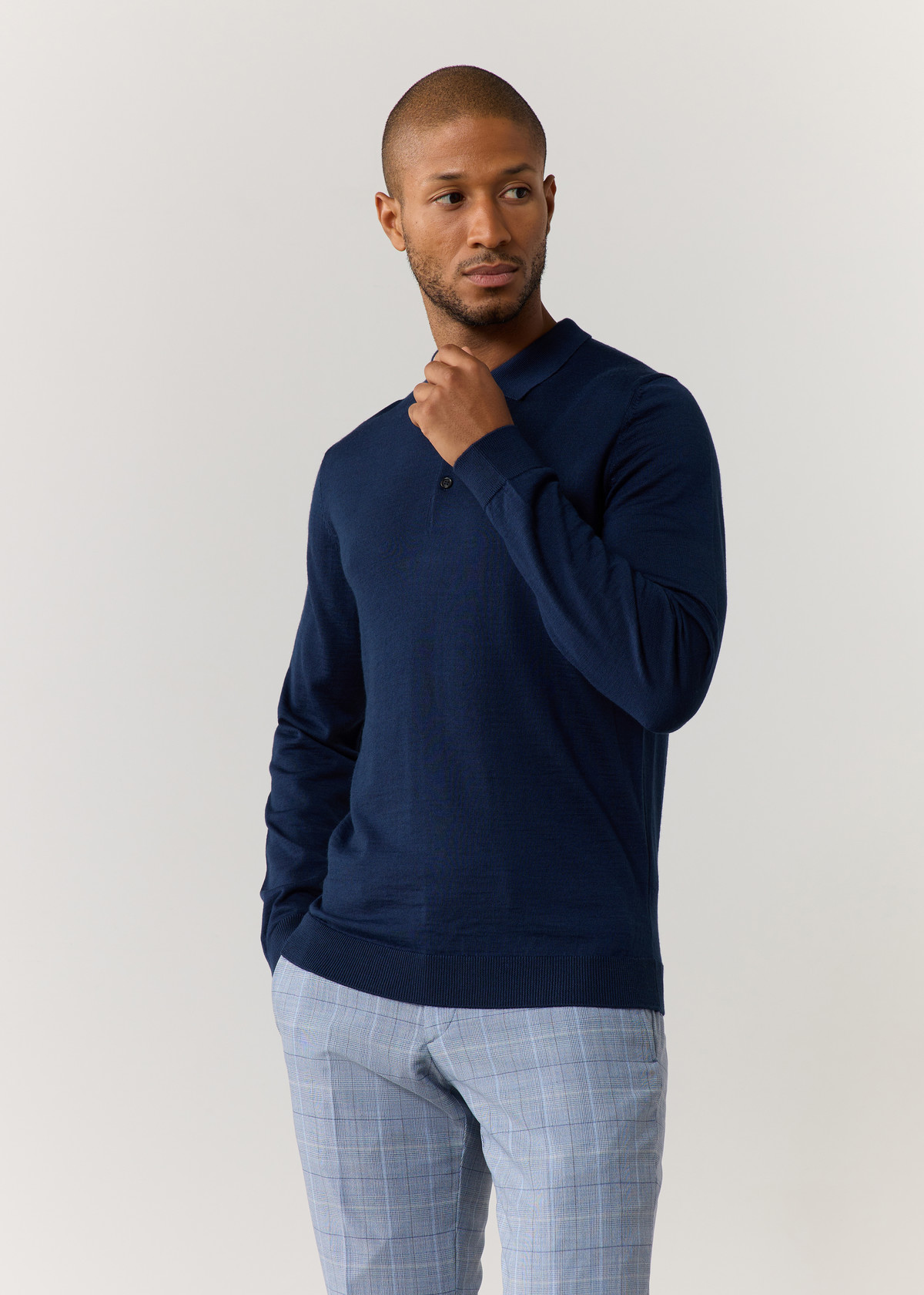 Pull col polo en laine Mérinos mélangée unie bleu indigo