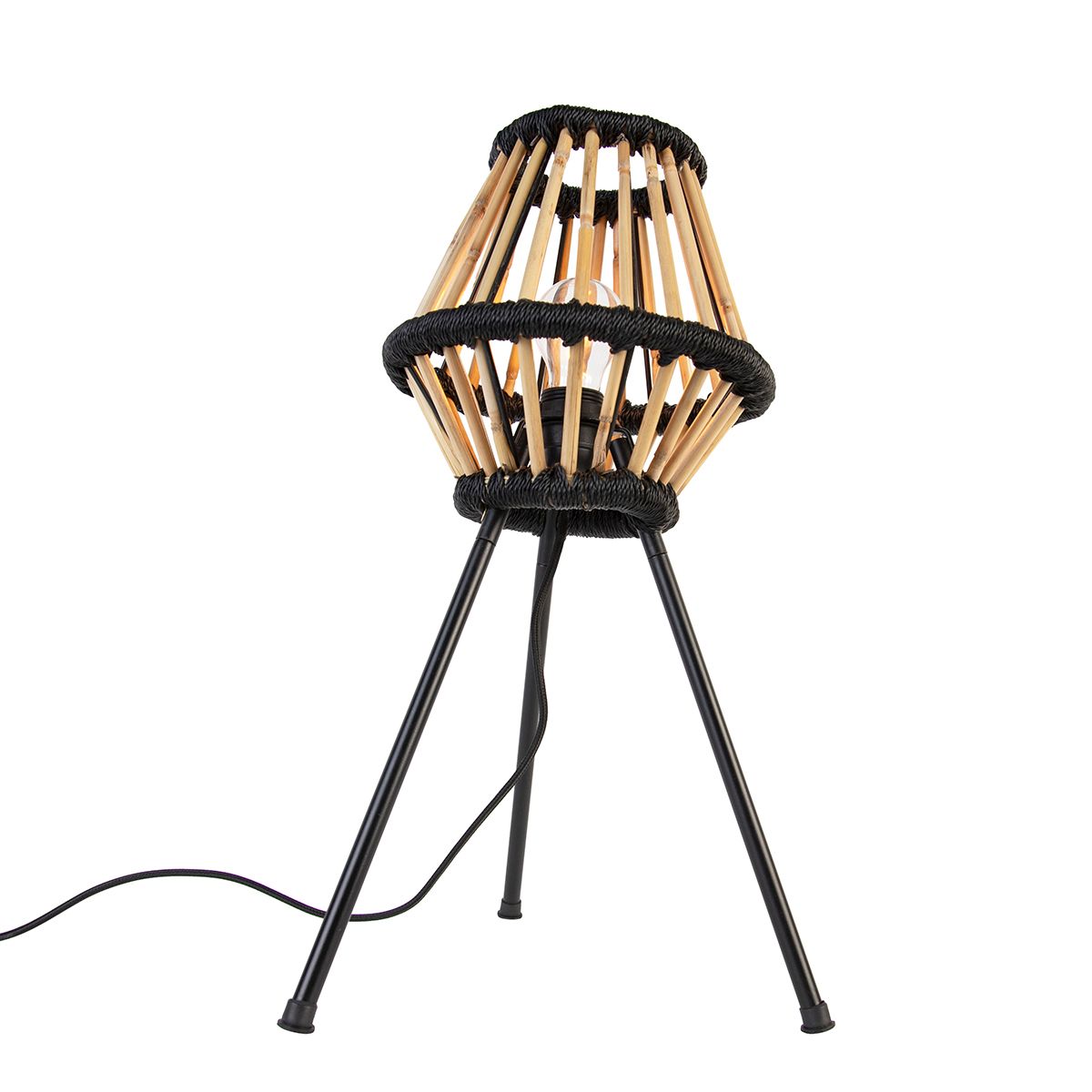 Landelijke tripod tafellamp bamboe met zwart - Evalin