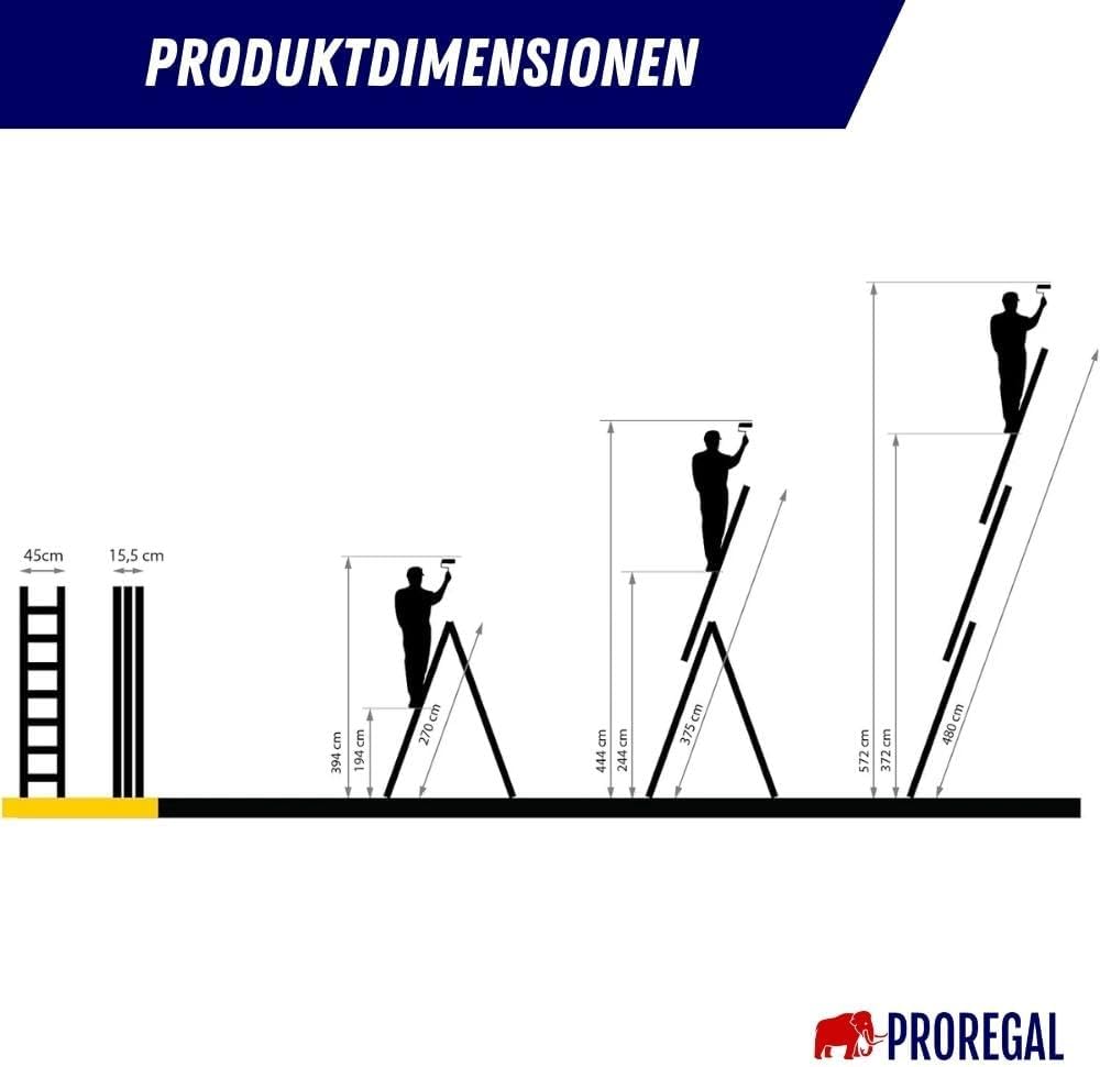 PROREGAL Economy Basic 3-delige multifunctionele ladder met dwarsbalk, 3 x 10 sporten, werkhoogte 5,72 m, draagvermogen 150 kg