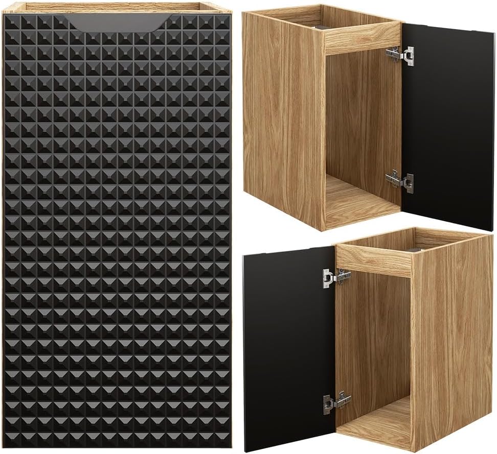 Lomadox Badmöbel Set 3-teilig mit 90 cm Waschtisch in Eiche mit schwarz, grifflose 3D-Front, Keramik-Aufsatzwaschbecken