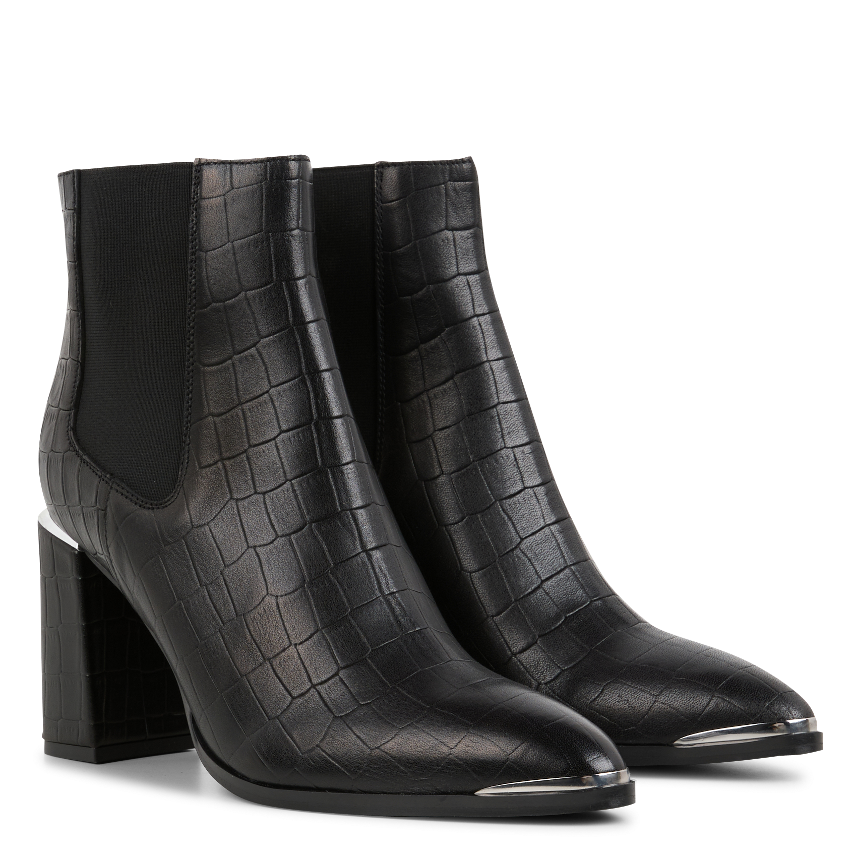 Boots à talons en cuir embossées croco | Noir
