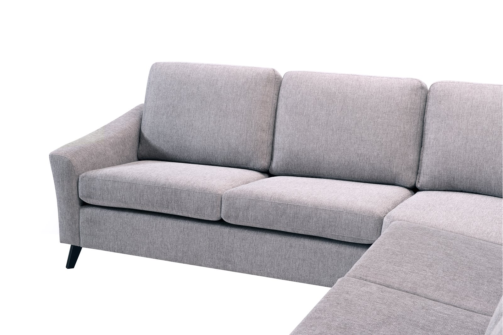 Lona sofa 32 hjørnesofa (129V). Med motorisert fotstøtte på ytterste venstre sete. Tekstil Brego 3595 grey, 70cm brede seter, arm 1 og 2M9K2 sorte ben. SA rygg skum.
