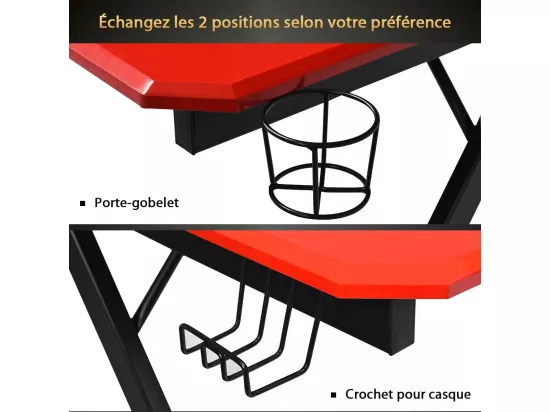 Bureau de Jeu Bureau Gamer Surface en Fibre de Carbone 120 X 60 X 76CM avec Porte-gobelet, Crochet pour Ecouteurs et Supports Audio (Noir et Rouge)