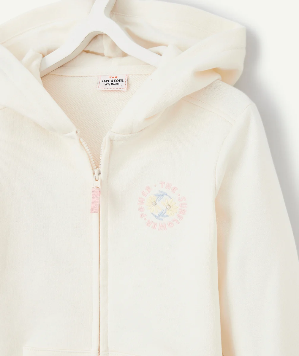 GILET ZIPPÉ À CAPUCHE FILLE EN FIBRES RECYCLÉES ÉCRU AVEC POCHES