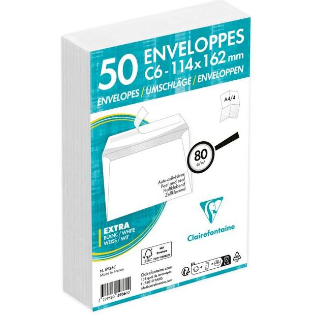 Enveloppe Clairefontaine 80 g/m² blanche avec bande de protection - Paquet de 50
