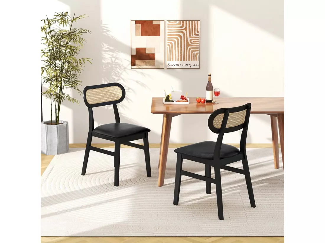 Chaise Salle a Manger Lot de 2, Chaise Salle a Manger Bois d'Hévéa, Dossier Rotin Cannage, Siège Rembourré en Similicuir, Chaise en Bois Salle a Manger pour Salon, Cuisine (Noir)