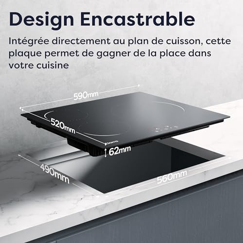 Ciarra CABBIH3 C Plaque à Induction Encastrable 59 cm, 9 Niveaux de Puissance, Verre Microcristallin, Tactile, 5600W, 3 Zones, Minuterie et Verrouillage Enfant : Gros électroménager