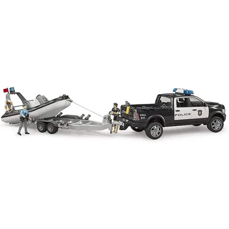 BRUDER® RAM 2500 Polizei Pick-up, Light and Sound Modul, Anhänger mit Boot, 2 Figuren