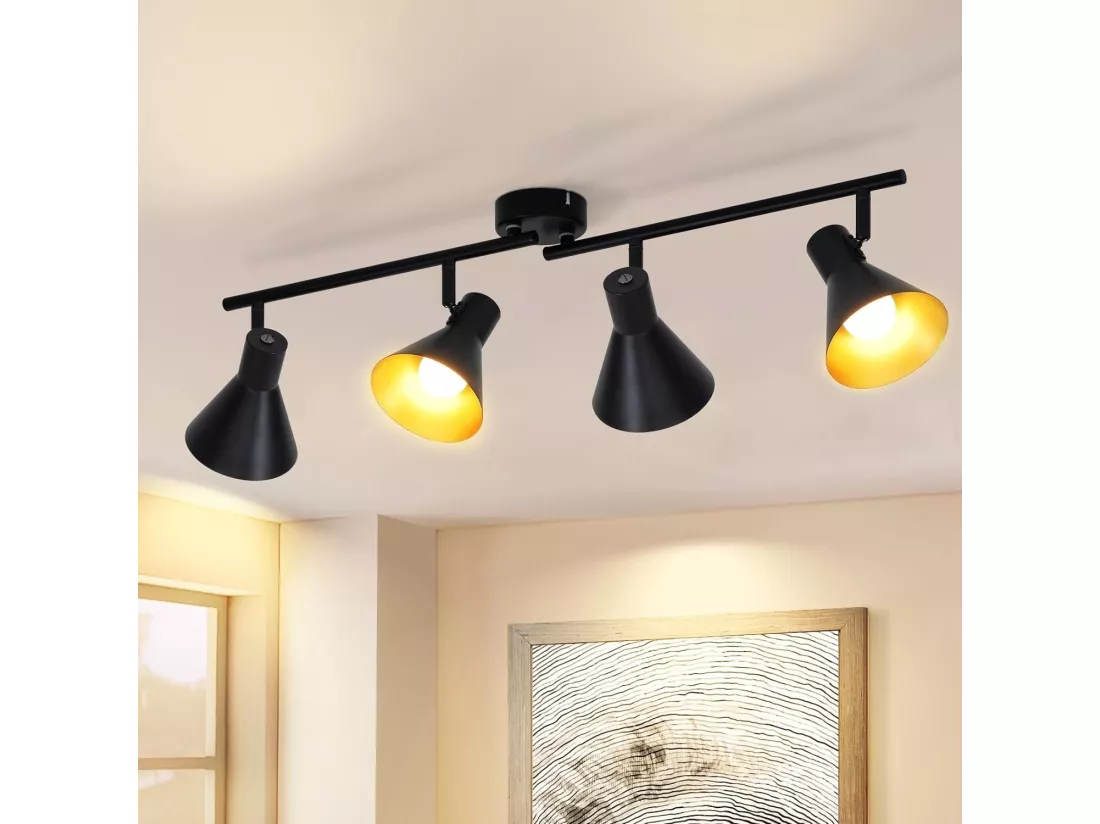 NETTLIFE 4 Spots Plafonnier Salon Noir Vintage 71CM E14 Métal Pivotant à 330°Industriel pour Chambre Cuisine Couloir