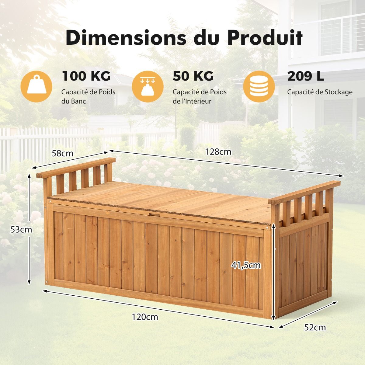 Banc de Rangement en Bois Banc d'Extérieur à 2 Places de 209 L avec Accoudoirs Coffre de Stockage en Bois Charge 100KG Naturel - Lidl-Manfred