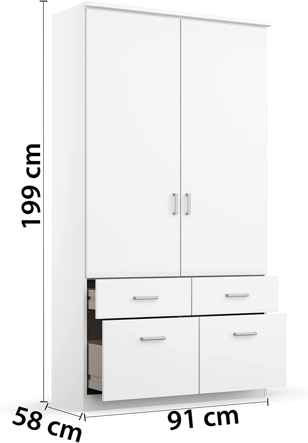Rauch Drehtürenschrank Bremen - 2-türiger Kleiderschrank mit 4 Schubladen - Front und Korpus in Weiß, 58 x 91 x 199 cm