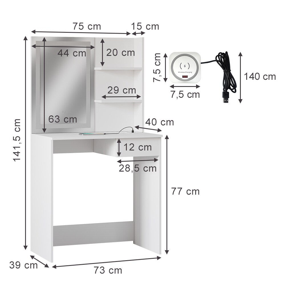 Vicco Schminktisch Dekos Weiß 75 cm mit LED-Spiegel und QI-Ladestation