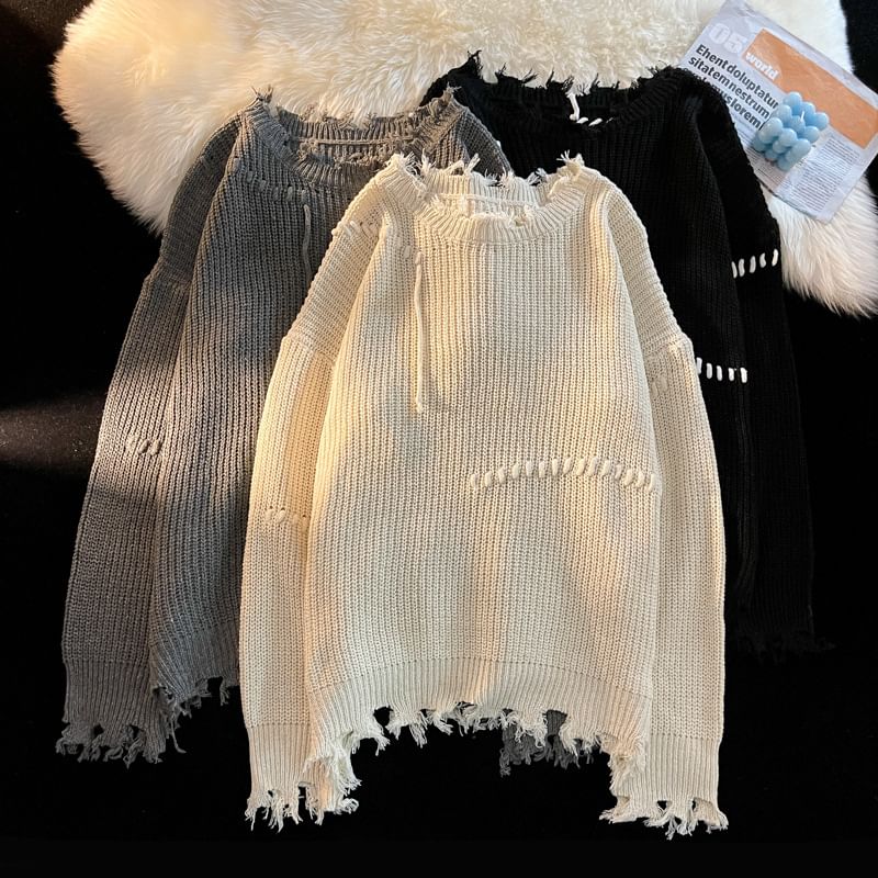 Sinlarity - Ronde hals effen trui met distressed effect