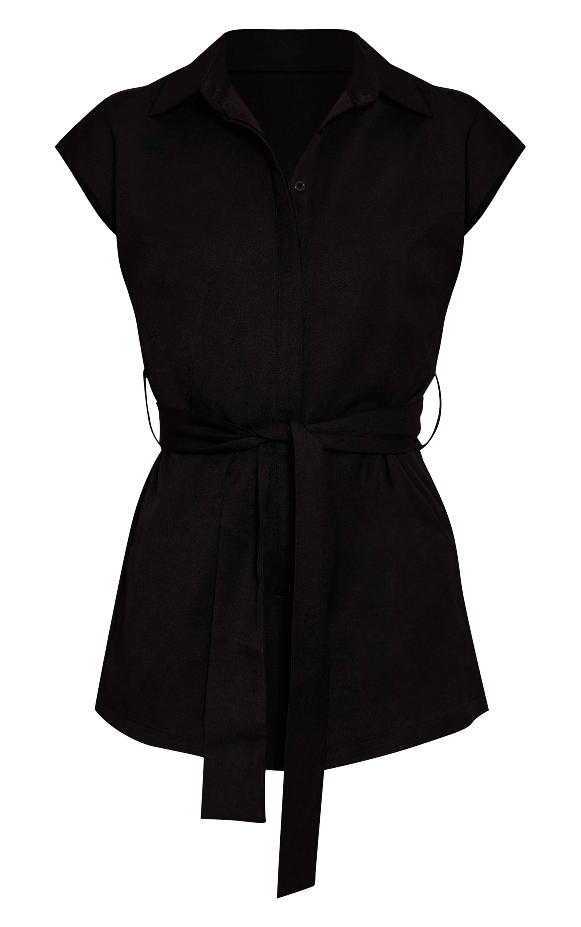 Noir Combinaison-short À Col Avec Ceinture En Tissu Tissé