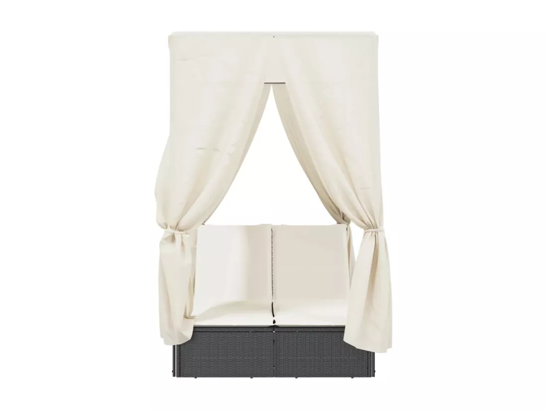 Chaise longue double avec toit et rideaux noir résine tressée