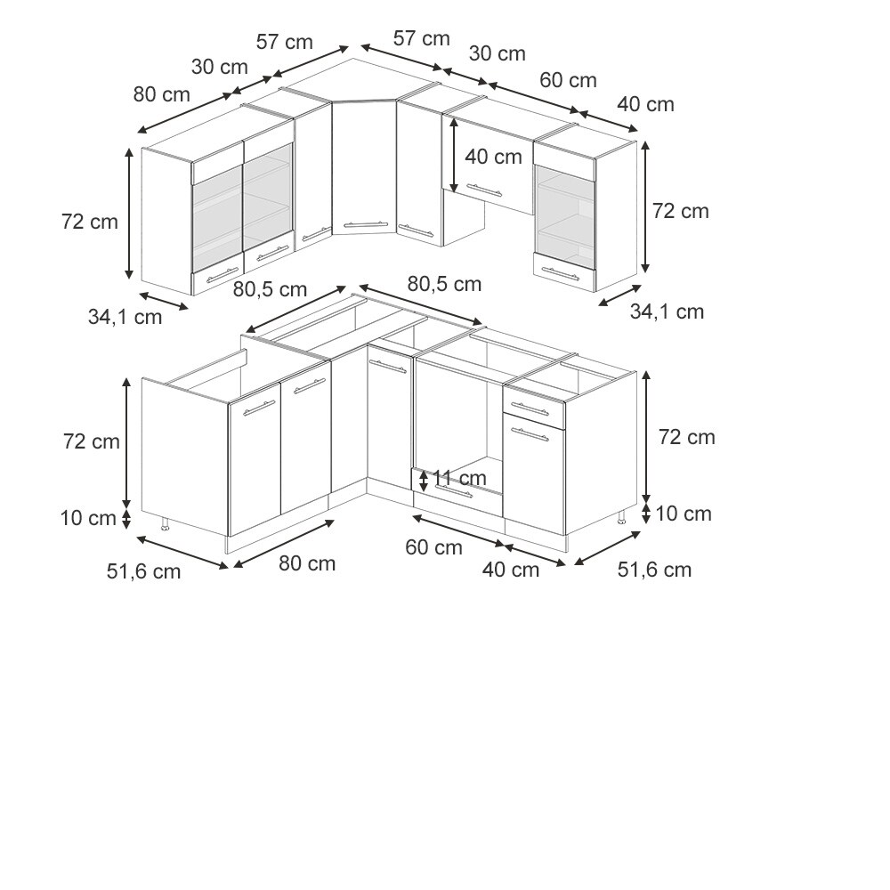 Vicco Eckküche Fame-Line Eiche Dunkelblau Hochglanz 160 x 190 cm ohne Arbeitsplatte
