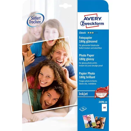 Avery Zweckform 2496-50 Classic Inkjet Fotopapier, DIN A4, einseitig beschichtet, 180 g/m², 50 Blatt