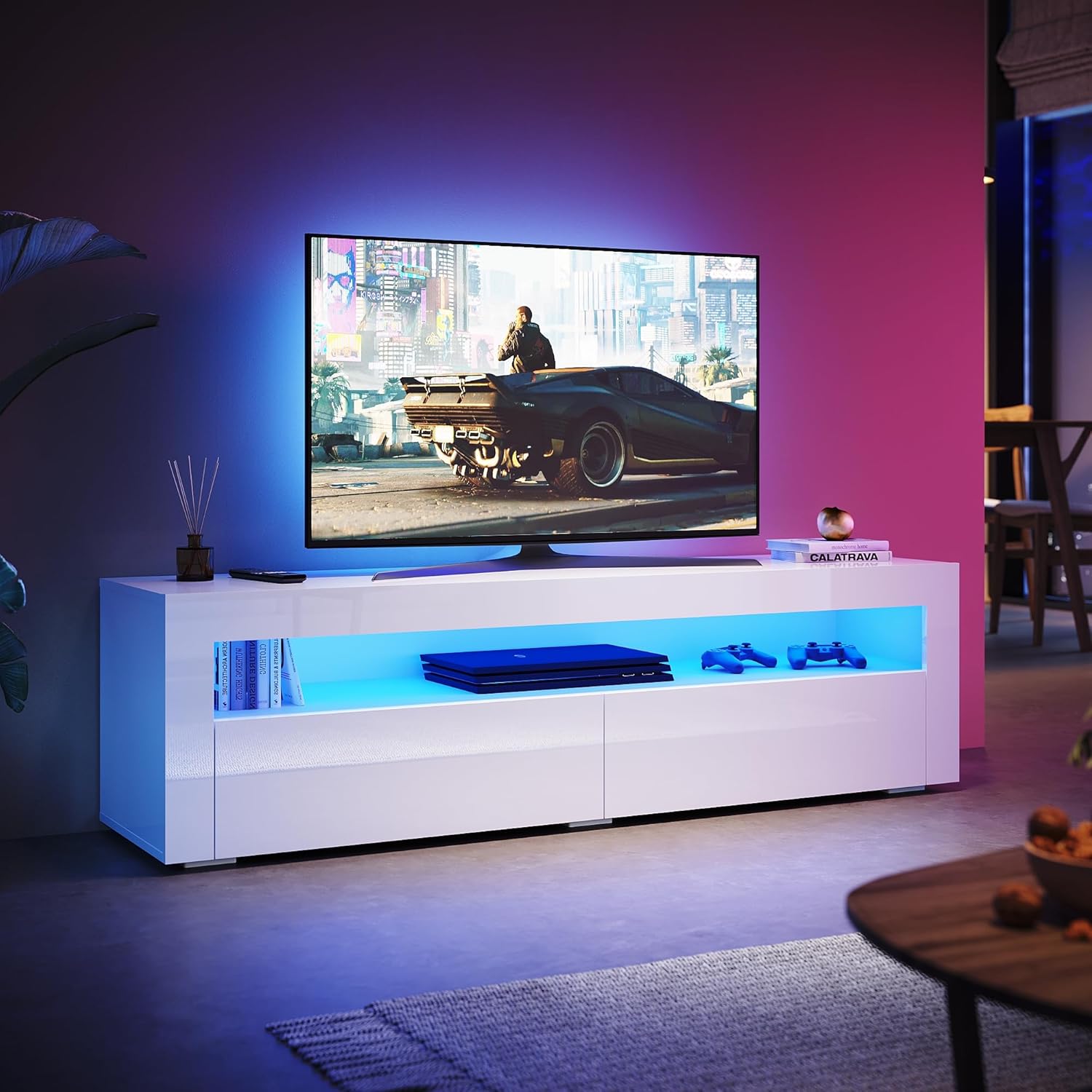 TV Board 160 cm mit LED-Beleuchtung Fernsehtisch 160(B) x 40(T) x 45(H) cm TV Schrank Fernsehschrank TV lowboard weiß Hochglanz ZC9265372