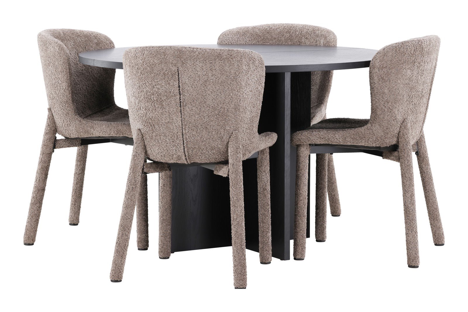 Strada og Astoria Spisegruppe Strada rundt spisebord ø120cm i sort med 4 stk. Astoria spisestoler i Brown Bouclé.