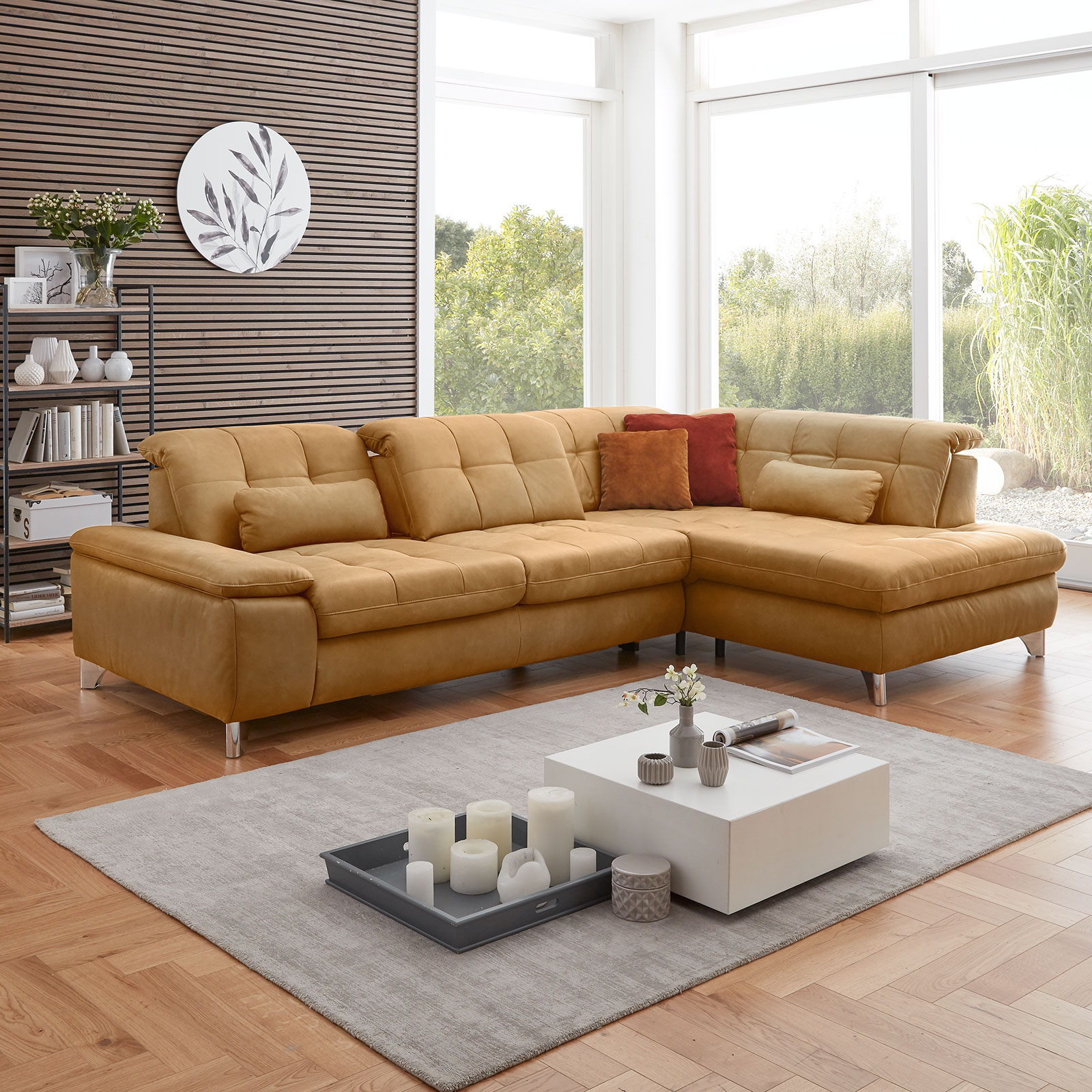 Ecksofa - Echtleder - curry - Recamiere rechts