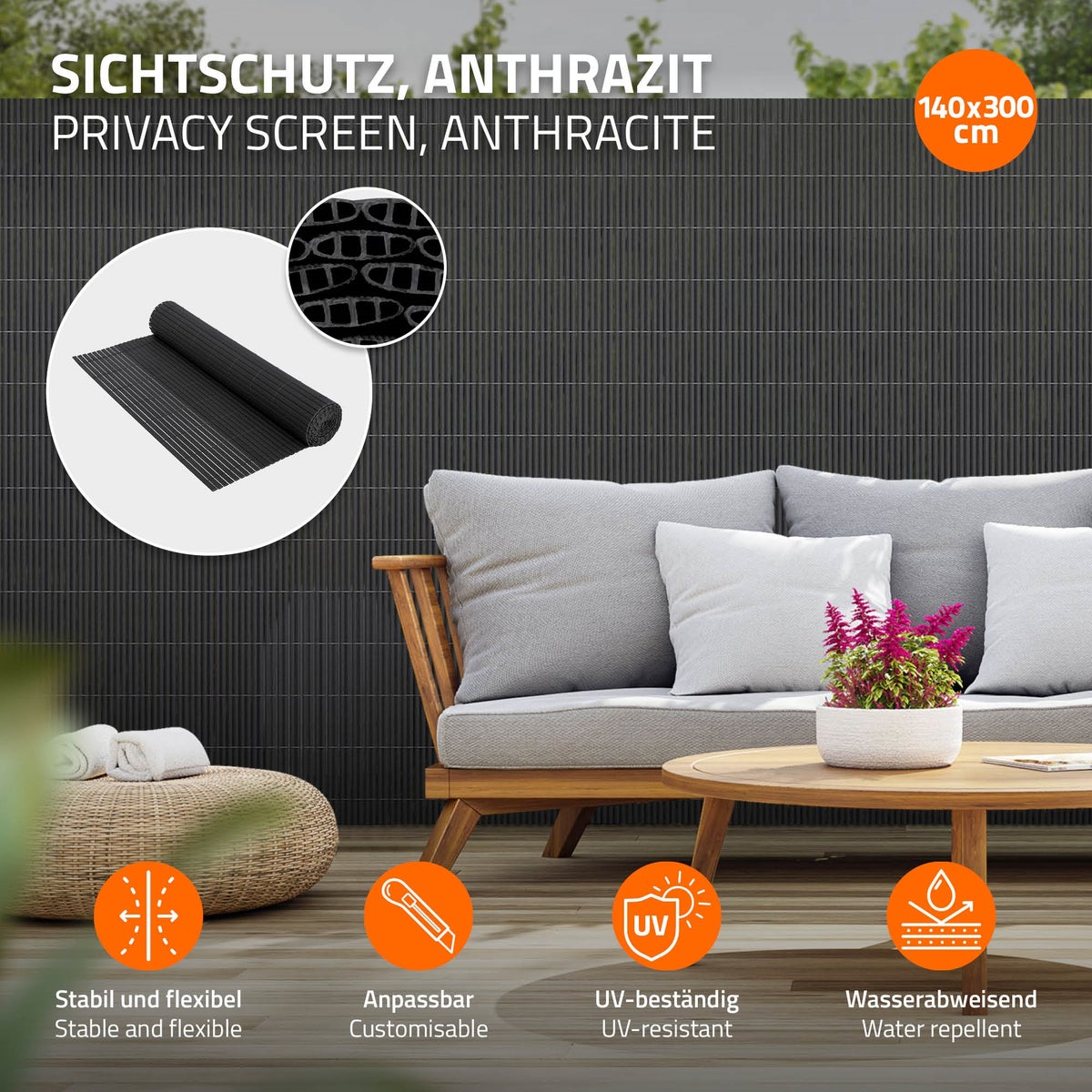 ECD Germany PVC-inkijkschermmat 140x300 cm, antraciet, inkijkscherm met 3-voudige wapening, UV-bestendig, waterdicht, windwerend, balkonbekleding, schuttingscherm, inkijkscherm voor tuin, balkon, terras