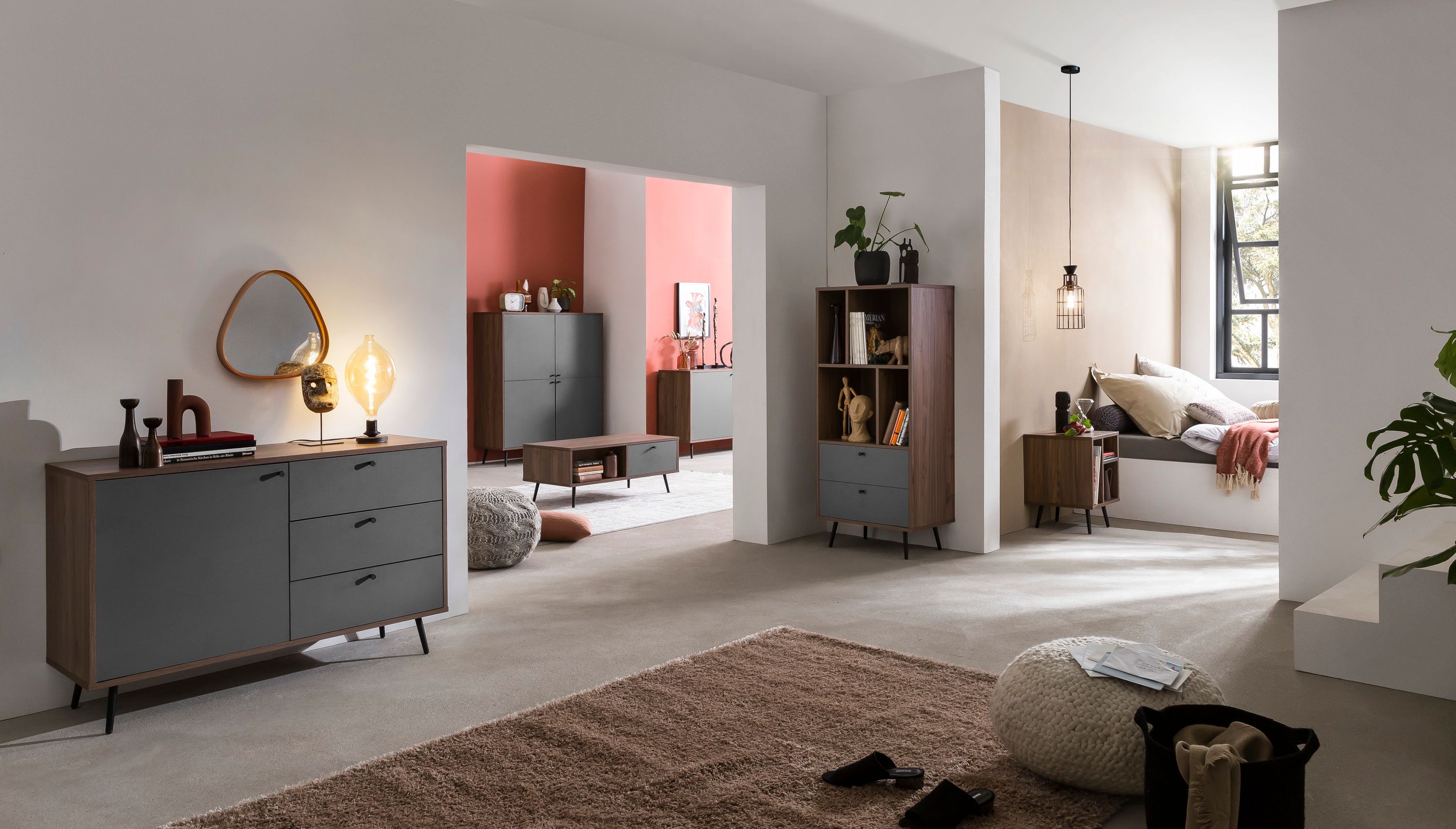 Bücherregal Walnuss Grau Standregal Wohnzimmer Regal