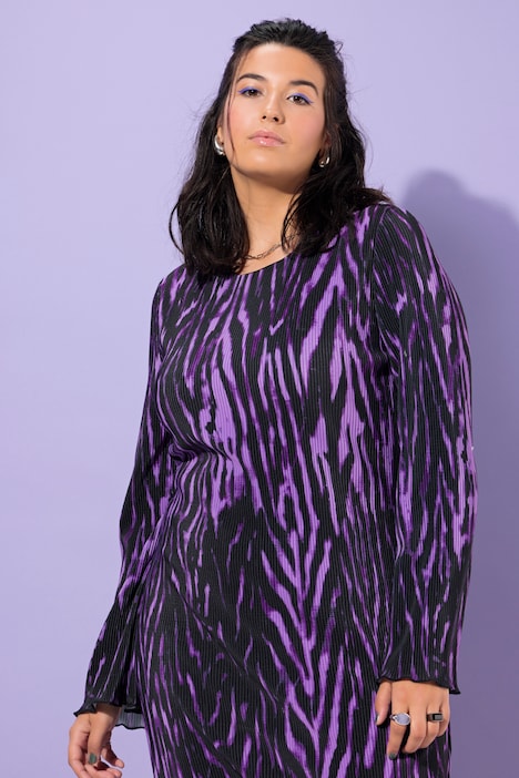 Plissee-Midikleid, Slim Shape, Alloverprint, Langarm